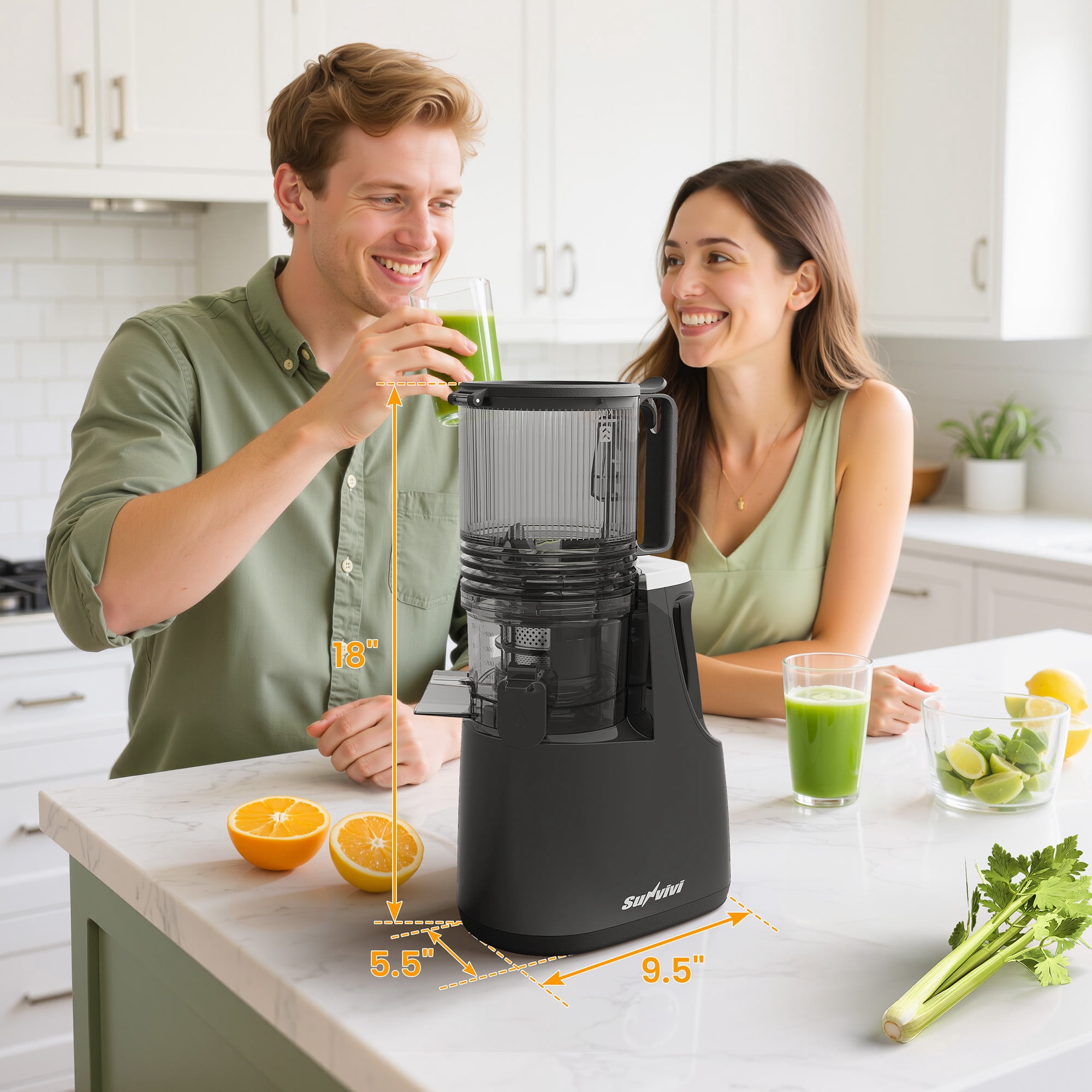 May in Color Slow Cold Press Juicer 5.9" Wide Feed Chute Masticating Juice Extractor - Black