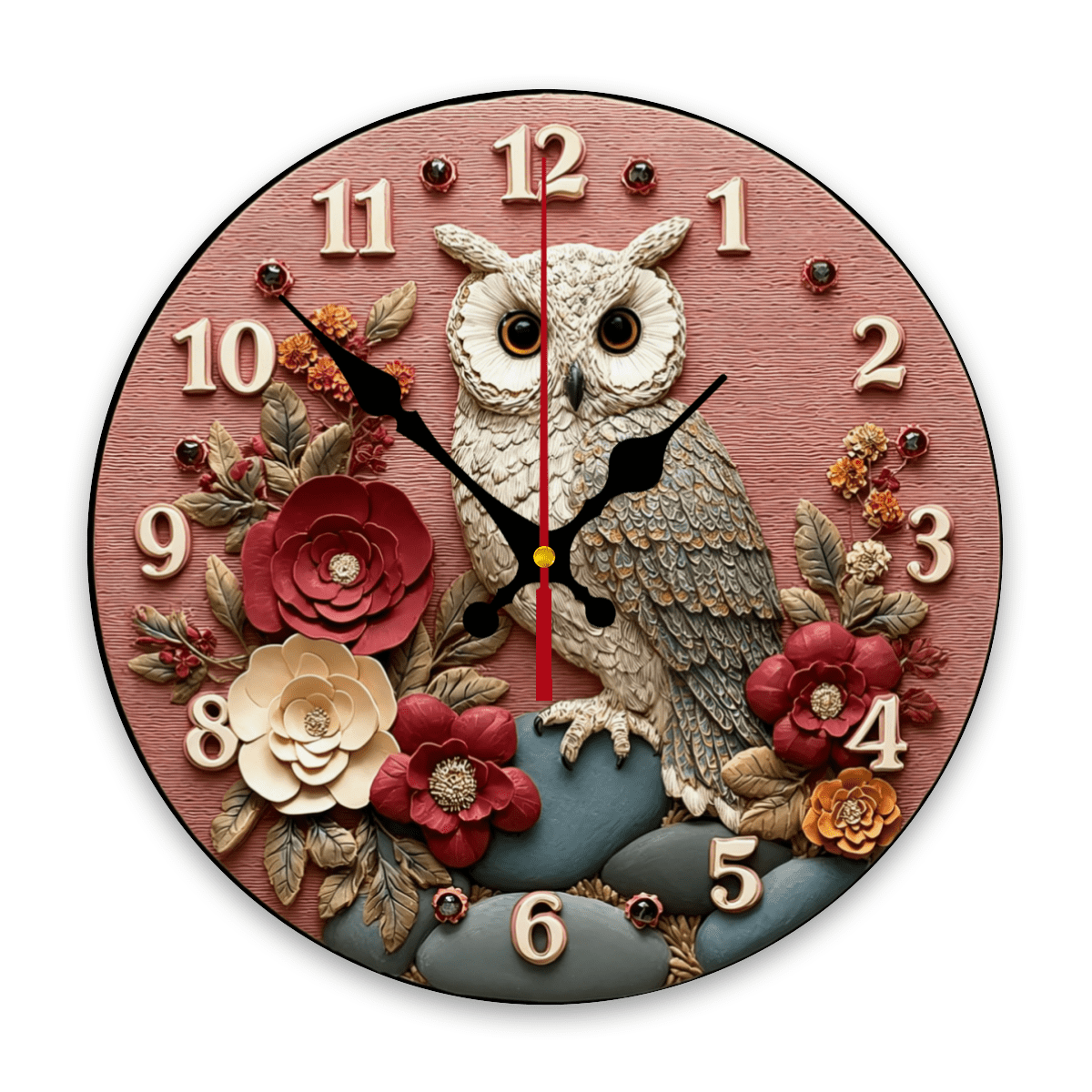 1pc Vintage Owl Floral Round Wall Clock - 10 Inch Silent Non-Ticking Japanese Quartz Movement, Wood Frame with Pastel Pink Face Golden Hands - Battery-Powered (AA Battery Not Included) for L