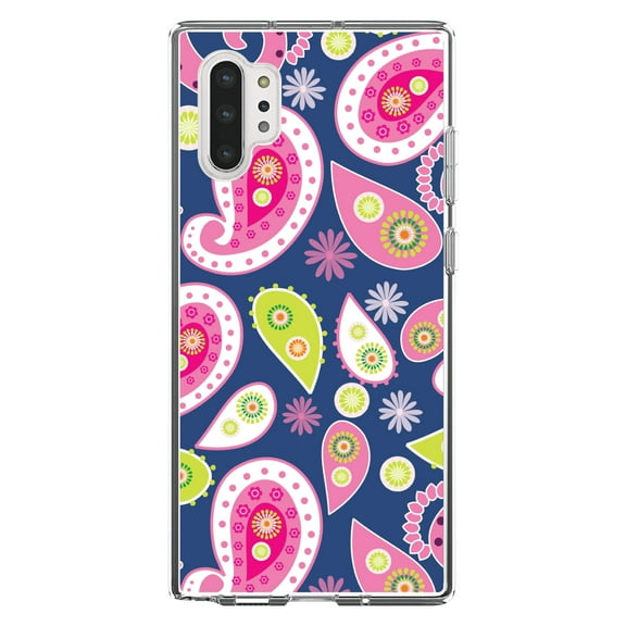 DistinctInk Clear Shockproof Hybrid Case for Galaxy Note 10 PLUS (6.8" Screen) - TPU Bumper, Acrylic Back, Tempered Glass Screen Protector - Pink Green Navy Paisley