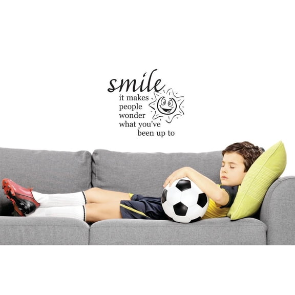 Custom Decals Smile It Makes People Wonder What You've Been Up To Wall Art Size: 12 Inches x 12 Inches Color: Black