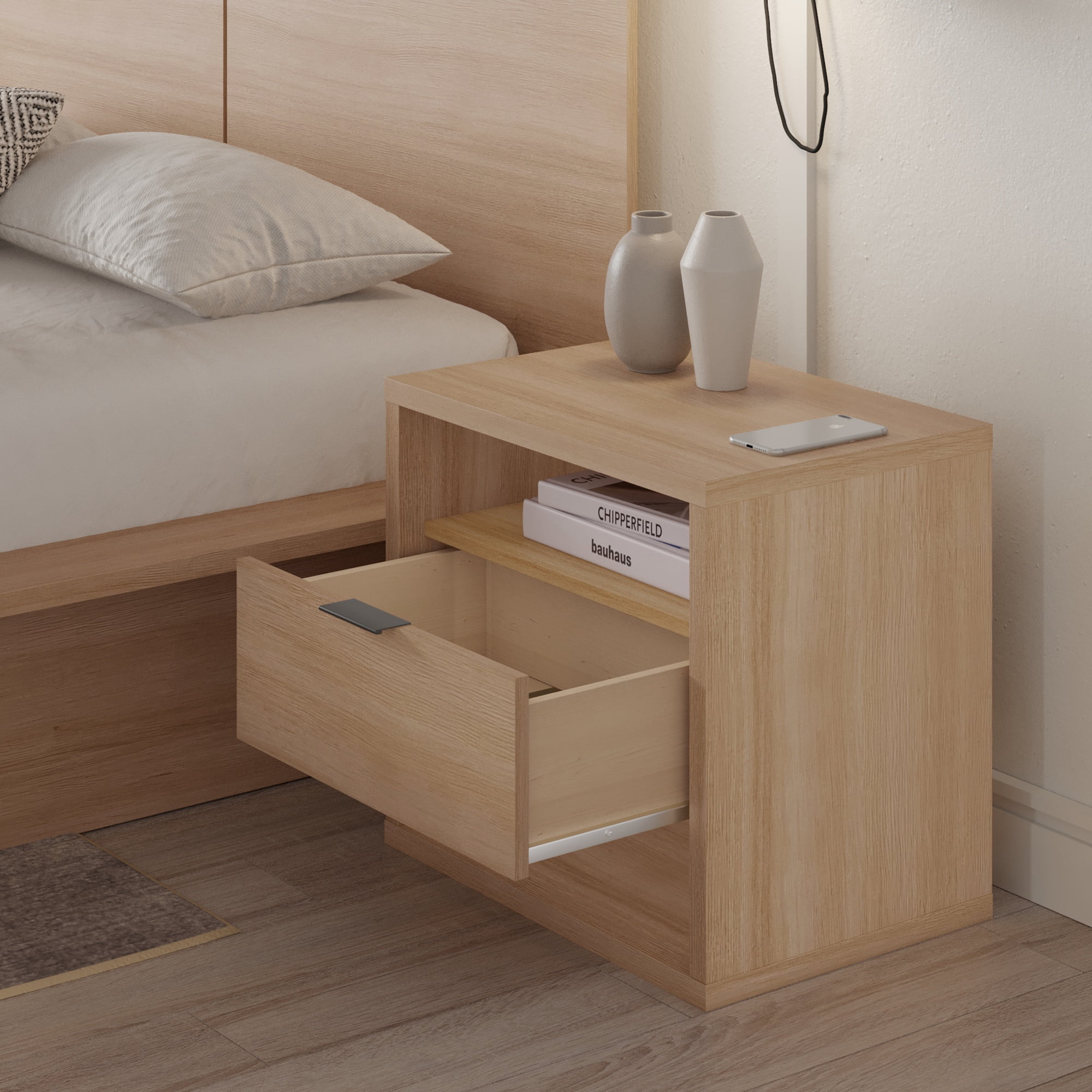 Nexera Modern 1-Drawer Nightstand with Open Storage, Natural Blonde Oak