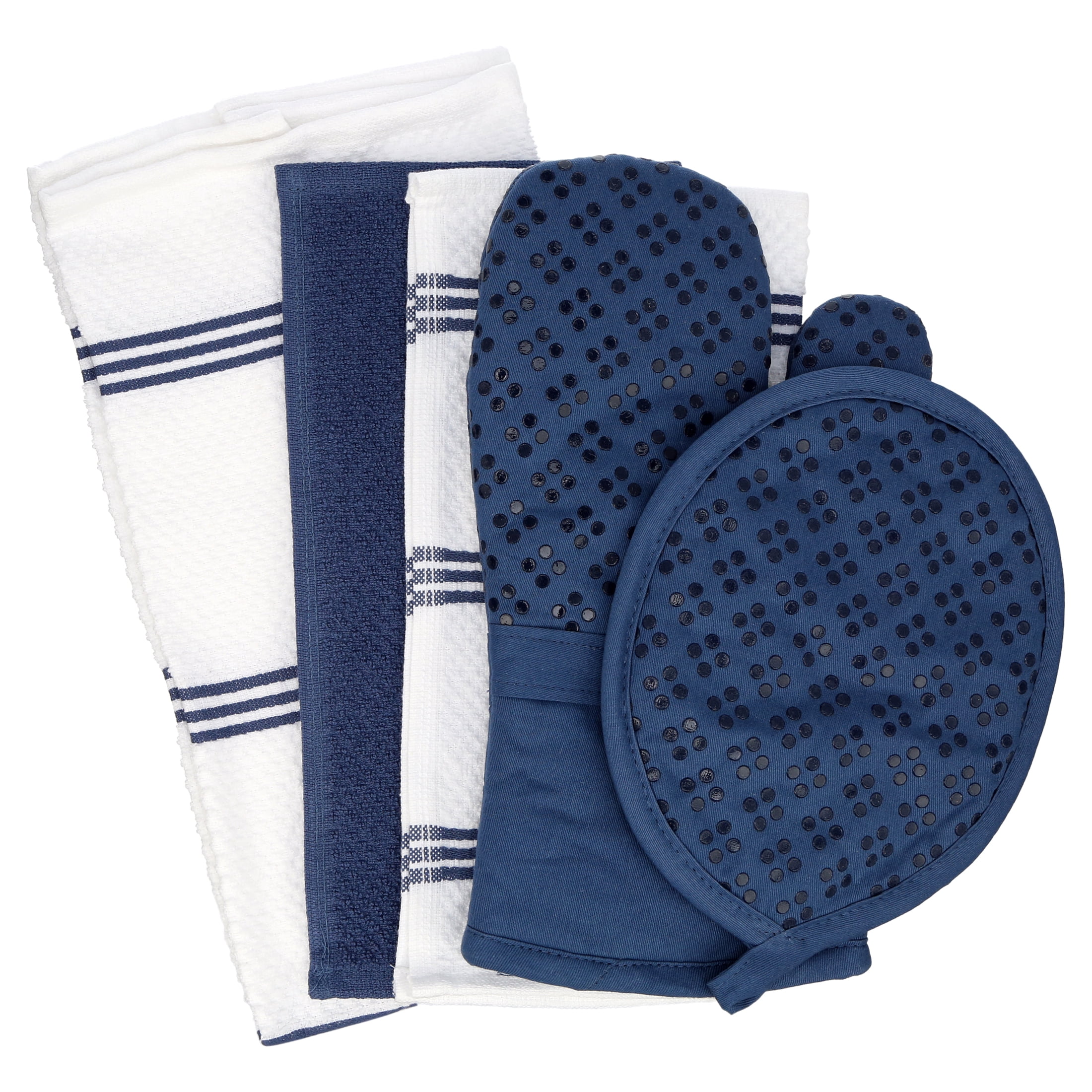 Sticky Toffee Silicone Printed Oven Mitt & Pot Holder, Cotton Kitchen Towel & Dishcloth, Dark Blue, 5 Piece Set