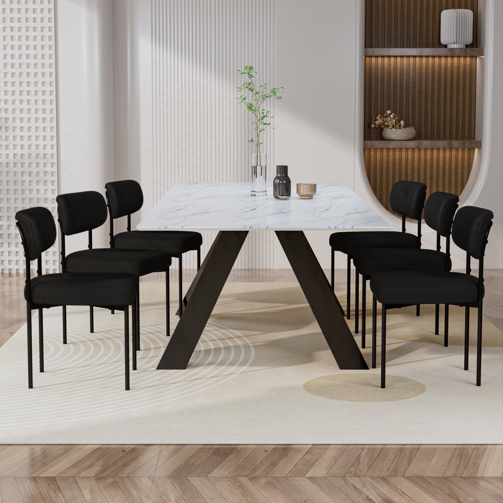 Hommpa Boucle Dining Chairs Set of 6 Modern Upholstered Kitchen Dining Room Chairs with Backrest & Metal Legs Accent Side Chairs Black for Dining Kitchen Living Room Bedroom