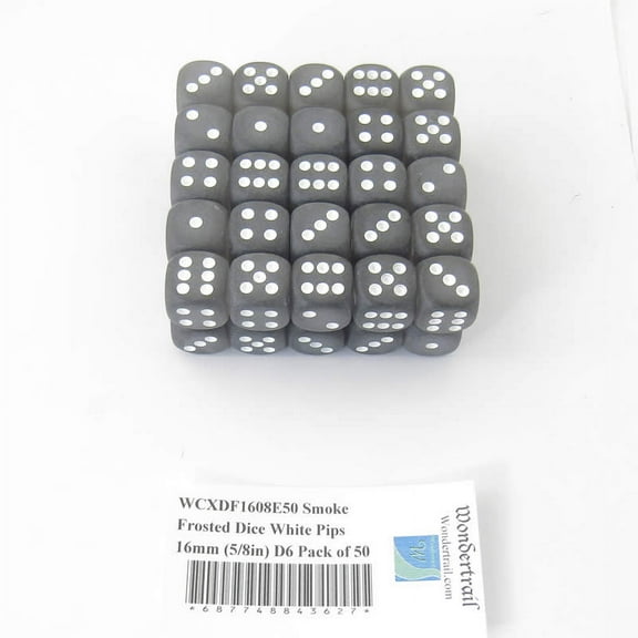 Smoke Frosted Dice with White Pips 16mm (5/8in) D6 Pack of 50 Wondertrail