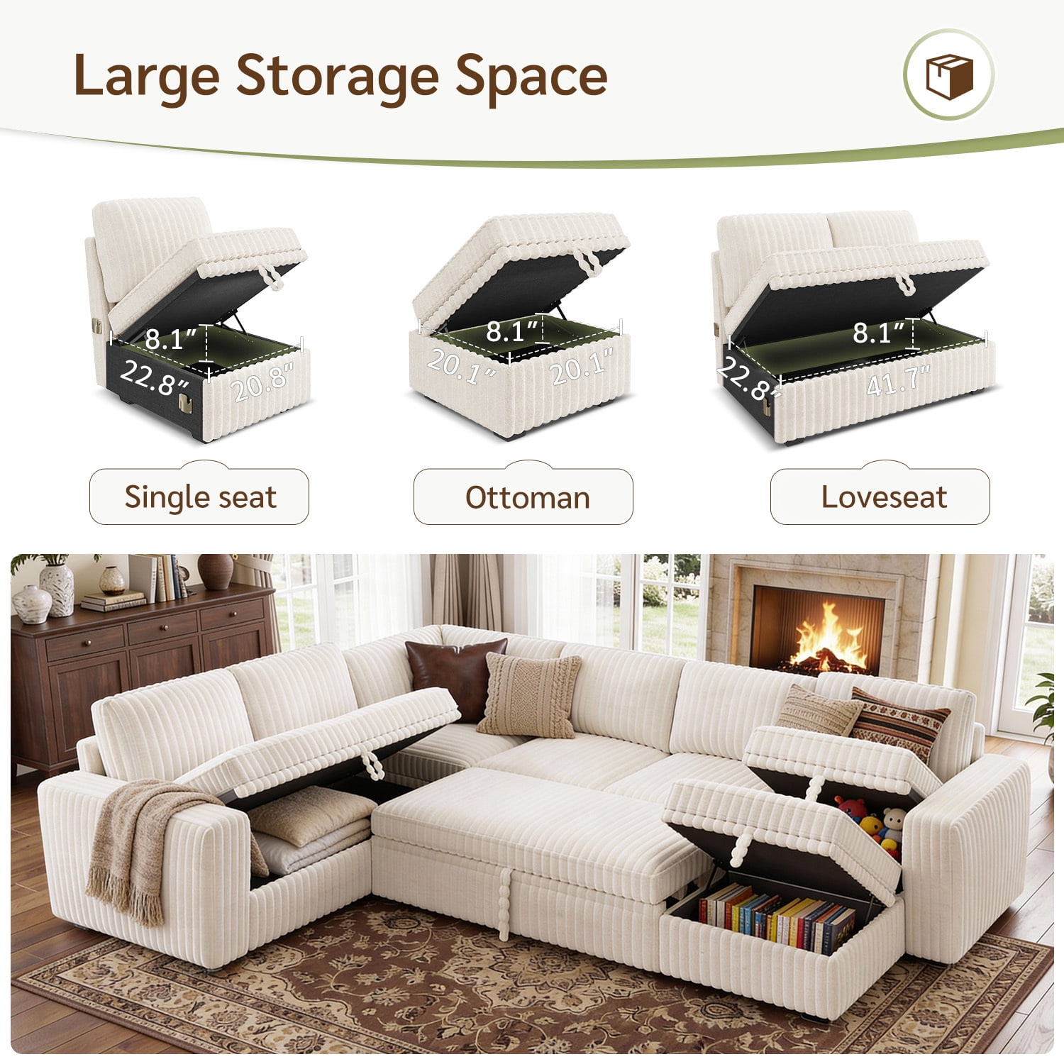 Marrber 106” Oversized Modern Plush Corduroy U-Shaped Modular 7-Seater Pull-Out Sectional Sleeper Sofa Bed with Hidden Storage for Living Room and Apartment, Easy Assembly, White