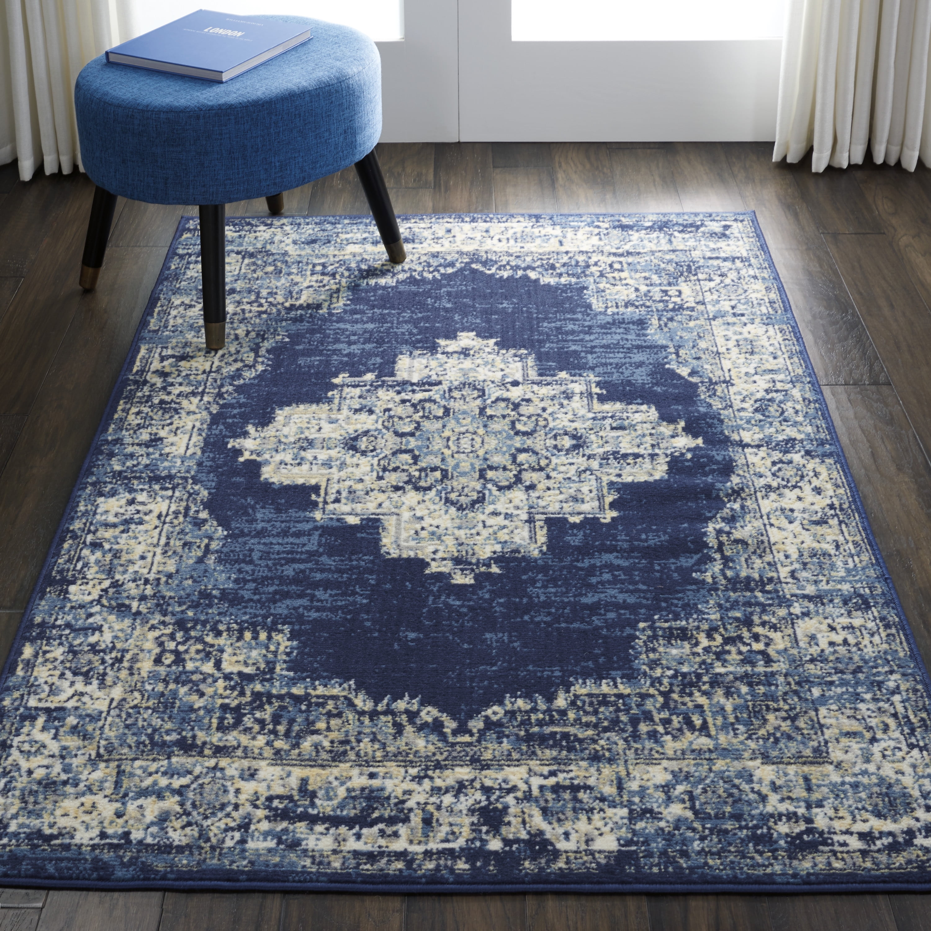 Persian Traditional Navy Blue, Navy Blue And Cream Area Rugs