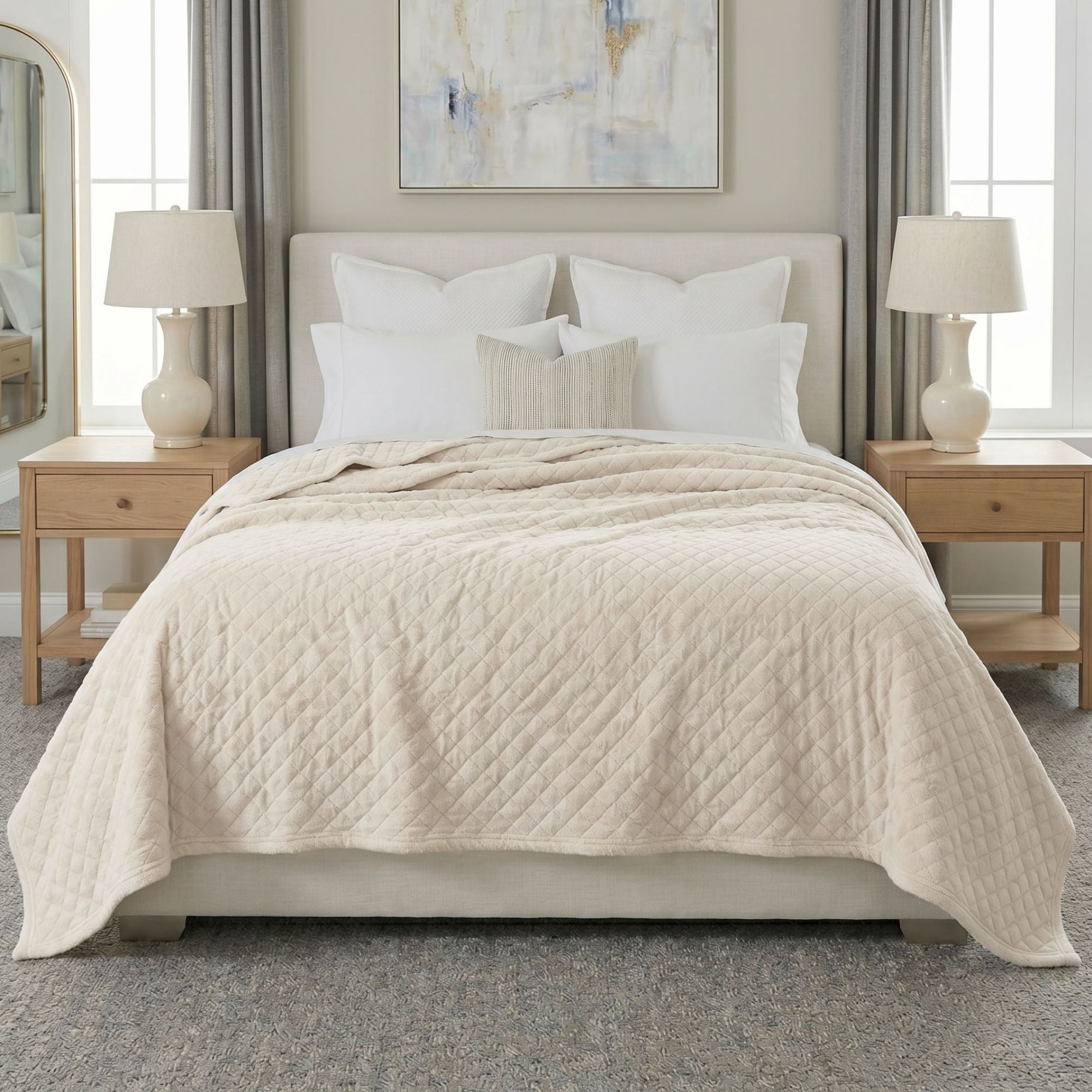 Superior Holly Grid Fluffy Fleece Blanket, Twin XL Size, Ivory