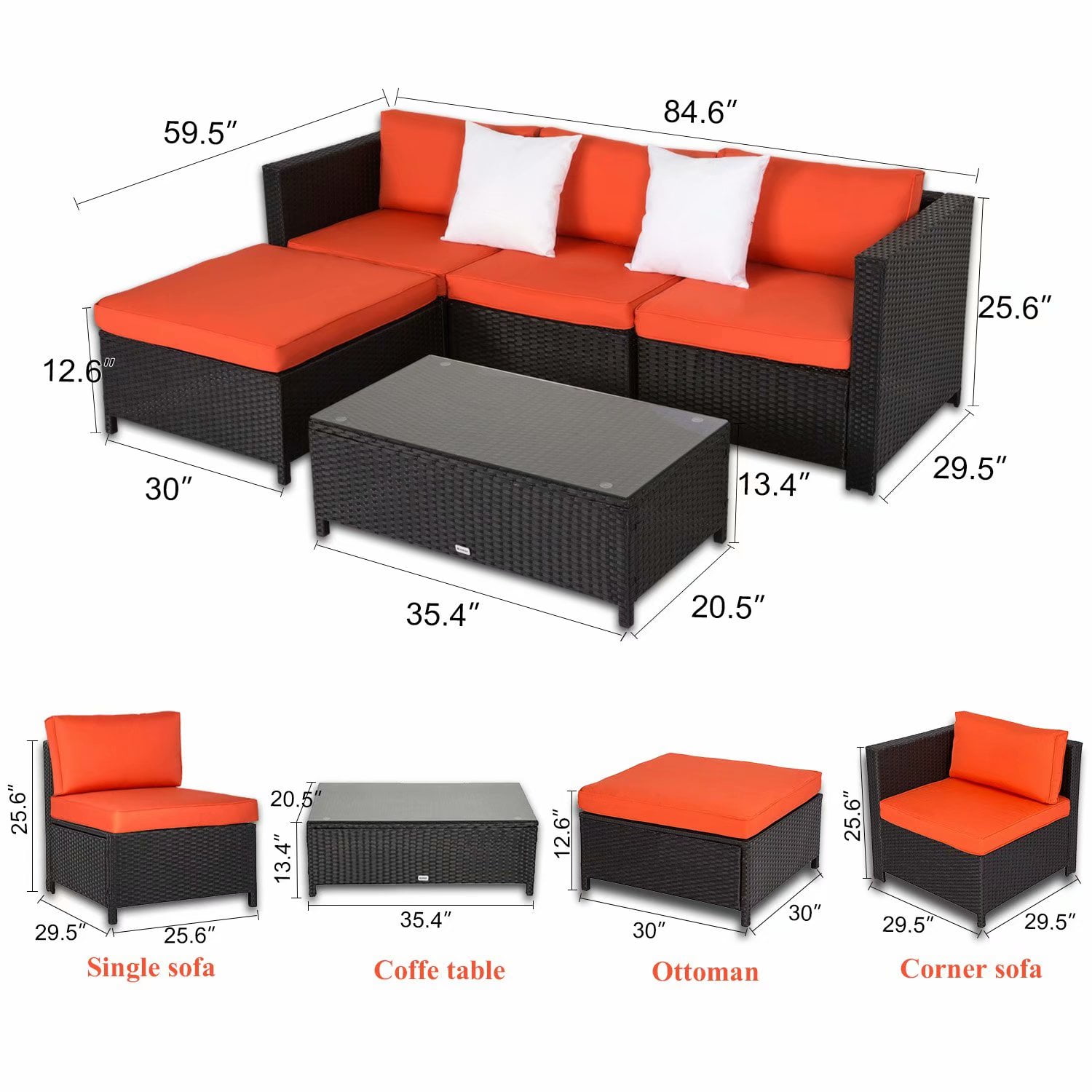 Pool Kinbor Outdoor Furniture Sectional Sofa All-Weather Wicker with Blue Cushions /& Glass Coffee Table Patio Backyard 5-Piece Set