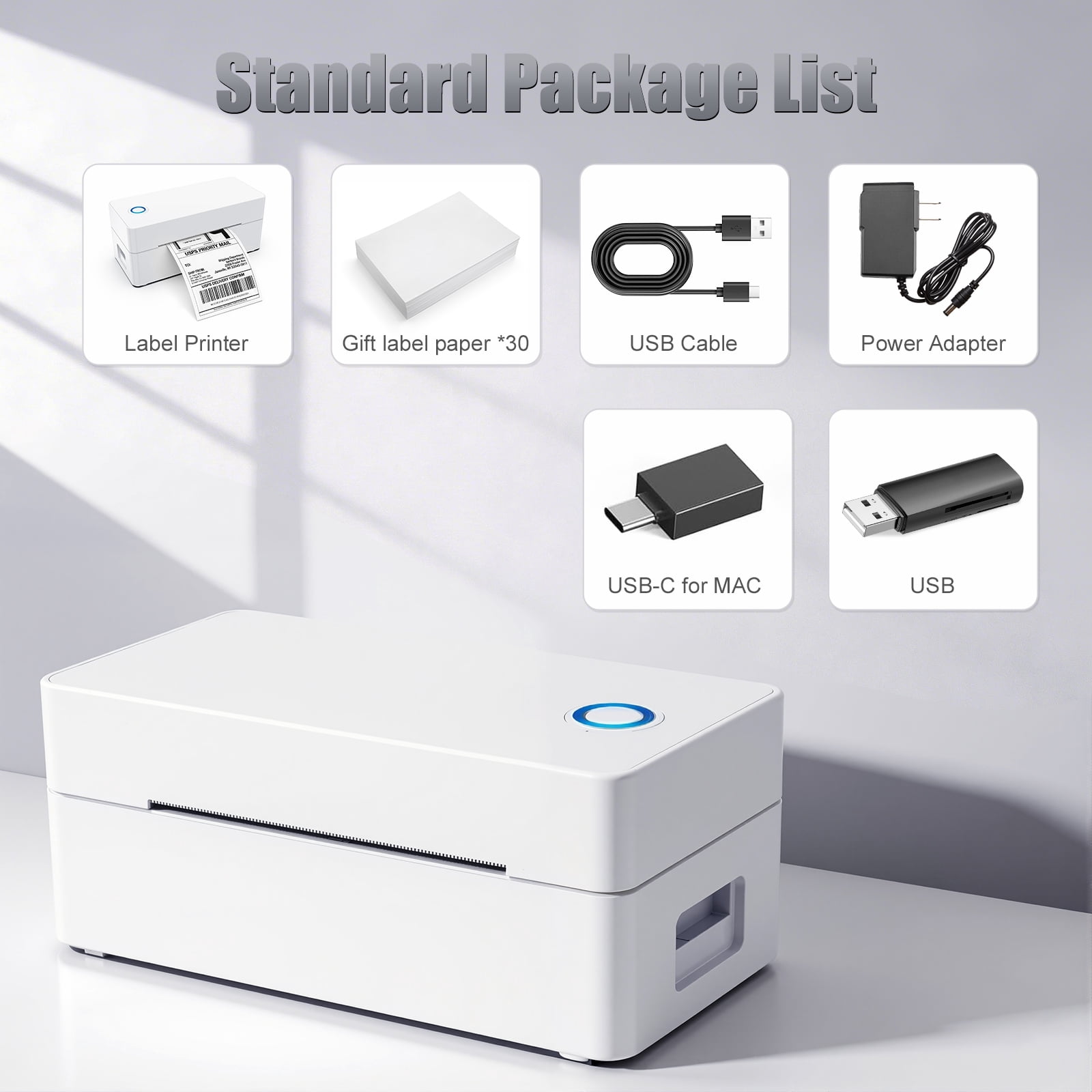 Ptlahmri Label Printer, 4x6 Thermal Shipping Label Printer, White, Wired Bluetooth, Compatible with Smartphone, Windows, for Small Business & Packages