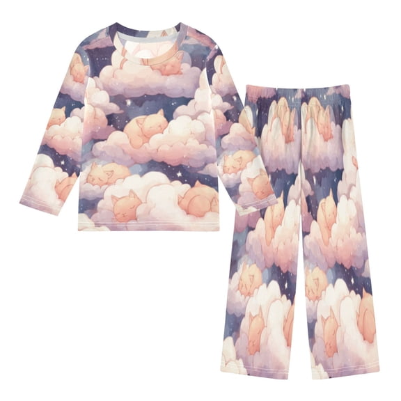 DIXRUYEE Fleece Pajama Set Loose Style Elastic Waist Pockets Pastel Cloud Cat Nap Cute Pattern