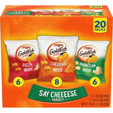 Goldfish Crackers Say Cheeeese Variety Pack with Cheddar, Pizza and Parmesan, Snack Packs, 20 Ct