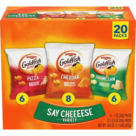 (( Case Of 8 Pack Of 20 Ct )) Goldfish Crackers Say Cheeeese Variety Pack with Cheddar  Pizza and Parmesan  Snack Packs (( EXP/ Oct /30 /24))