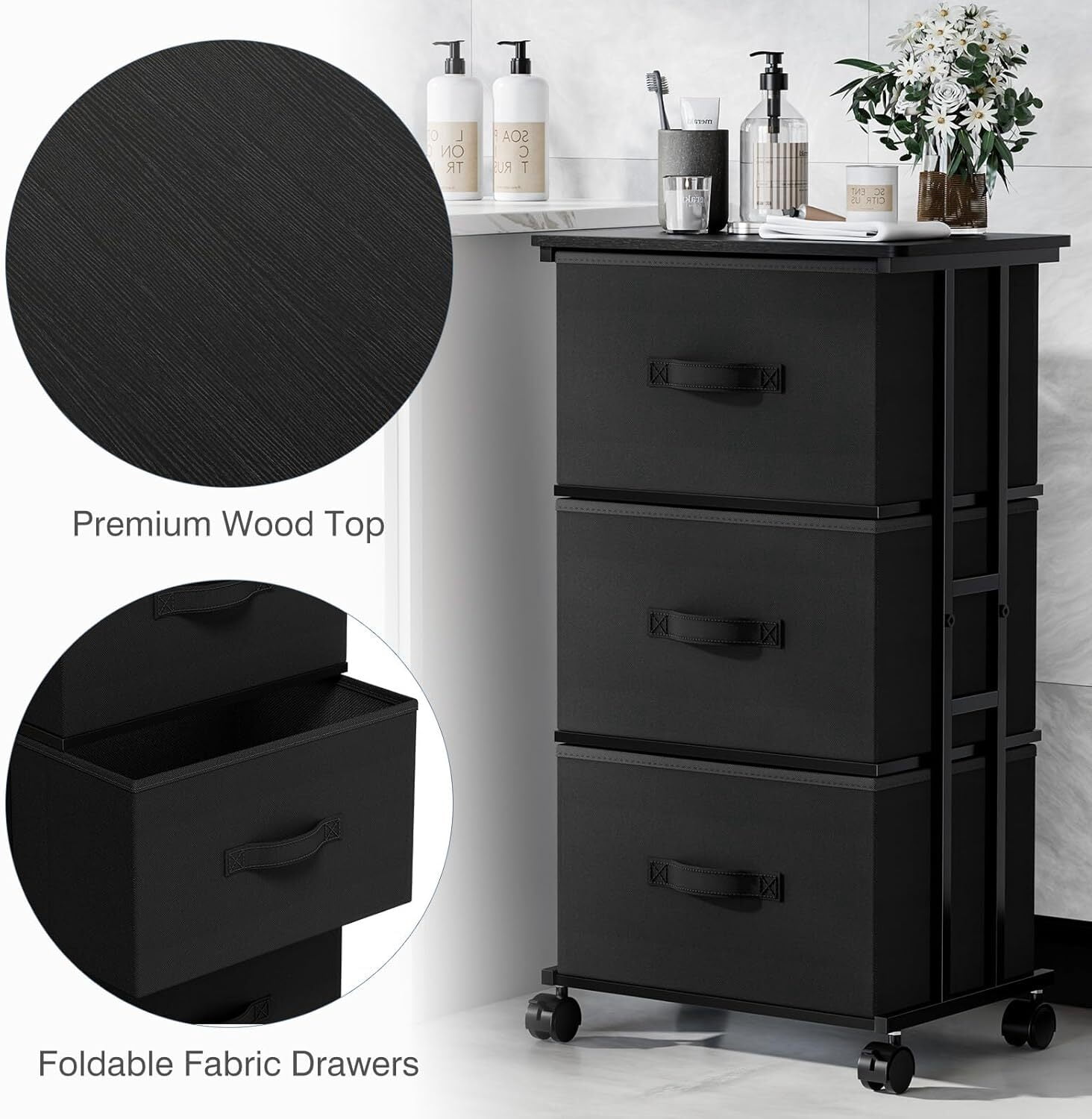 Bigleap 3-Drawer Rolling Fabric Dresser, Small Space Storage Cabinet with Wheels, Mobile Nightstand for Bedroom, Closet, Entryway, Brown