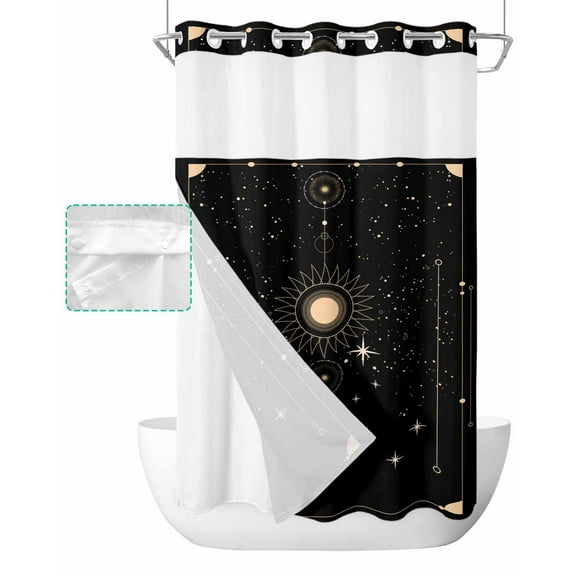 No Hook Shower Curtain with Snap in Liner, Boho Mystical Galaxy Sun Moon Stars Black Bohemia Hotel Shower Curtains for Bathroom, Washable Shower Curtain Liner Set with Mesh Top Window, 36"x72"