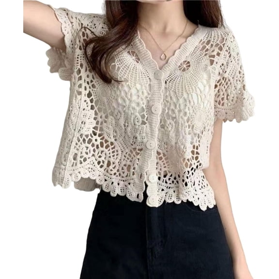 Women Short Sleeve Lace Shrug Hollow Crochet Button Sheer Crop Cardigan for