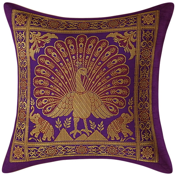 Stylo Culture Indian Decorative Brocade Purple And Gold Throw Pillow Covers 12x12 Jacquard Weave Banarasi Sofa Couch Pillow Cases Dancing Peacock Floral 30x30 cm Cushion Covers (1 Pc)