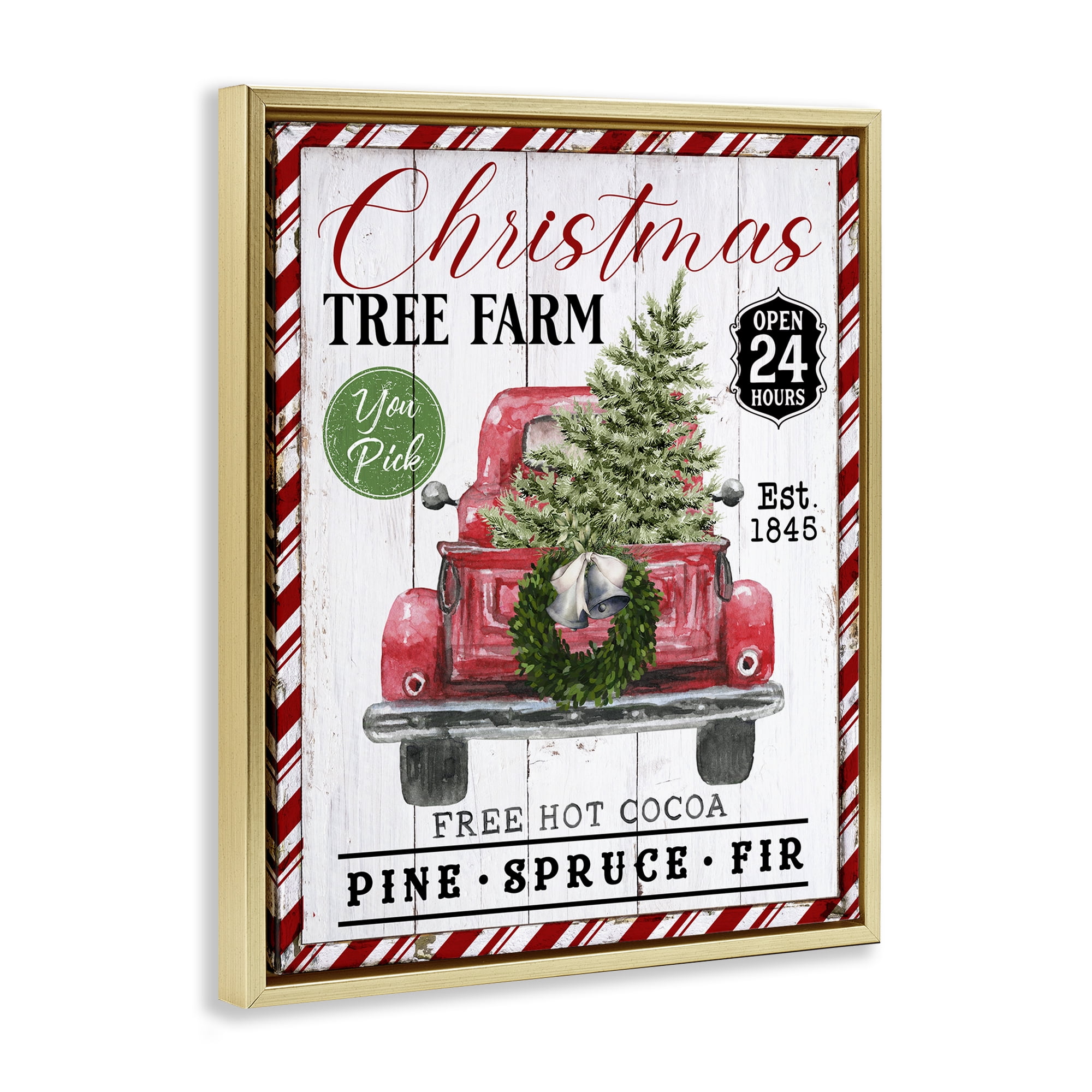 Stupell Industries Holiday Tree Farm Sign Holiday Painting Gold Floater Framed Canvas Art Prints Wall Art, 25 x 31