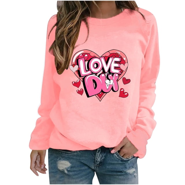 Amzcrzy Hauts pour Femmes Décontractés Col Rond Printemps Été Hauts Mode Imprimé Cœur Amour Chemises de la Saint-Valentin pour Femmes Classique Polyvalent Manches Longues Tee Valentines