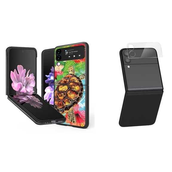 Bemz Premium Bundle for Samsung Galaxy Z Flip 3 5G: Slim Snap-On Protector Case (Turtle Flowers), Rear Camera Glass Protector
