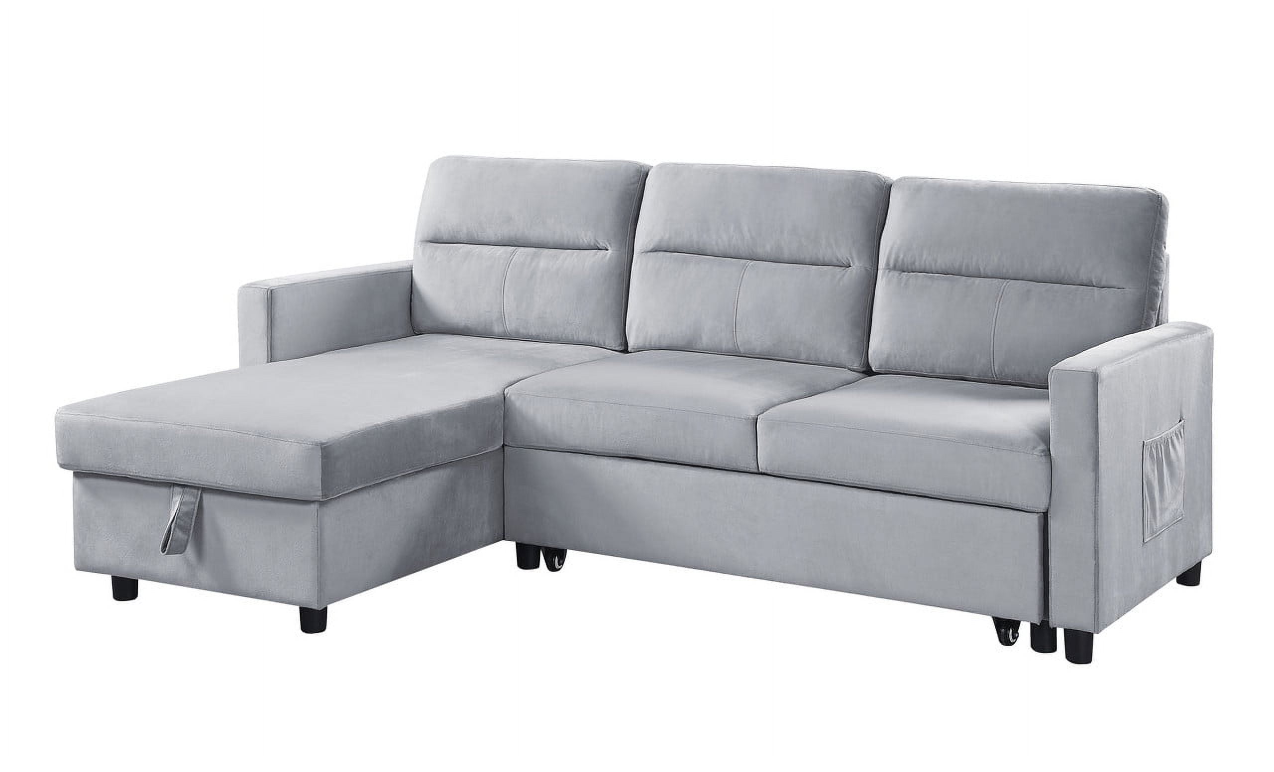 Howcool 82" Reversible Sleeper Sectional Sofa, L-Shaped Pull Out Couch with Storage Chaise & Side Pocket, Velvet Sofa Bed for Living Room, Light Gray