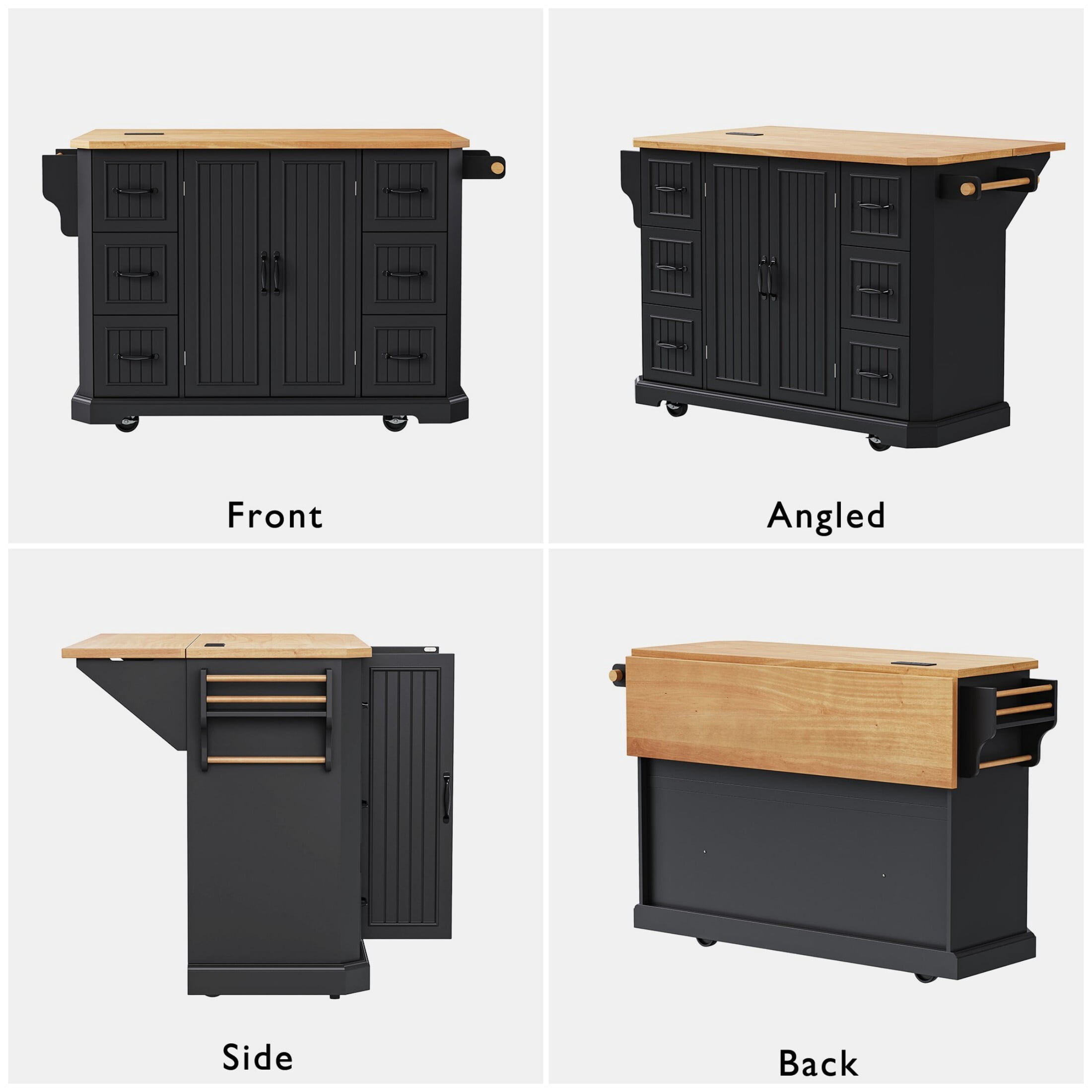 AENKYO 47'' Kitchen Island with Drop Leaf and Power Outlet, Farmhouse Rolling Kitchen Storage Cart with 6 Drawers, Black