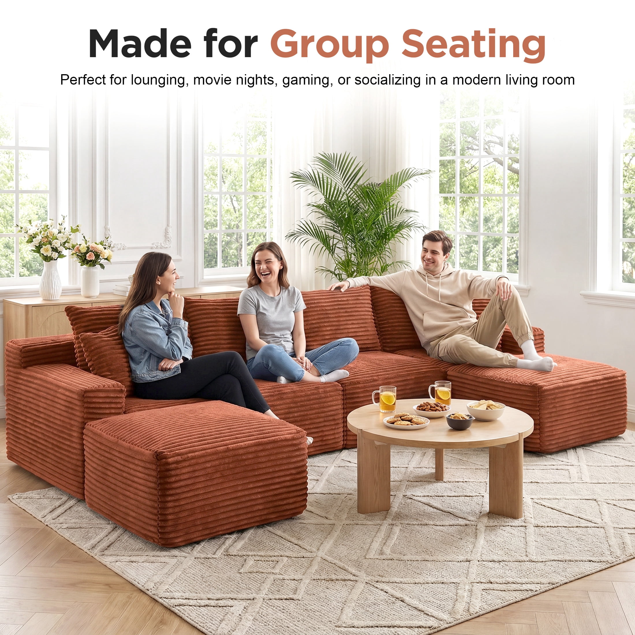 Aenkyo 115" Corduroy U-Shaped Modular Sectional Sofa with 2 Ottomans, 4-Seater, Orange