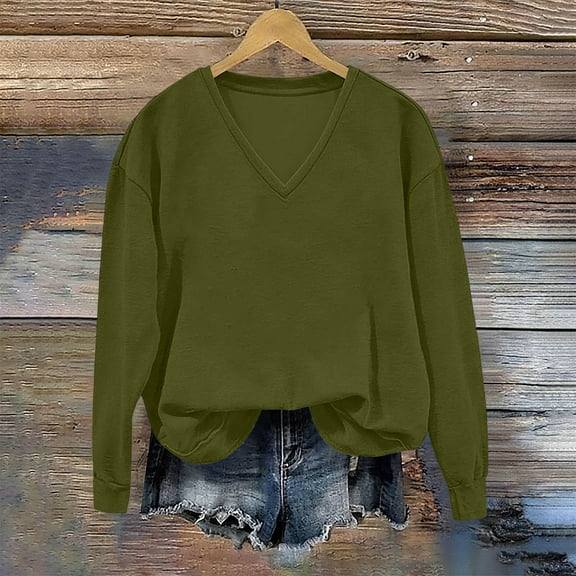 Womens Sweatshirt Crewneck Long Sleeve Shirts Loose Fit Pleated Front Tops Fall Fashion Army Green S