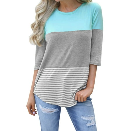 - Women's Casual Loose Striped Patchwork Lace Three Quarter Sleeve Shirts XL