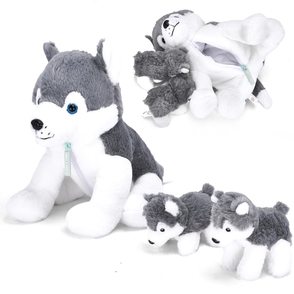 Snug A Babies Snuggly Husky Plush Stuffed Animal Set - 16" Mommy Husky and Two 6" Adorable Stuffed Puppies Inside - Soft and Fluffy Material - Stuffable Plushie Gift Toy for Plush Pets Toys Lovers