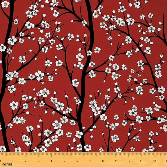 Homewish Cute Cherry Blossoom Fabric by the Yard 1 Yard,Rustic Peach Flower Home Decor Fabric by the Yard,Pink Red Black Sewing Fabric For Girls Kids,Ultra Soft Home Decor