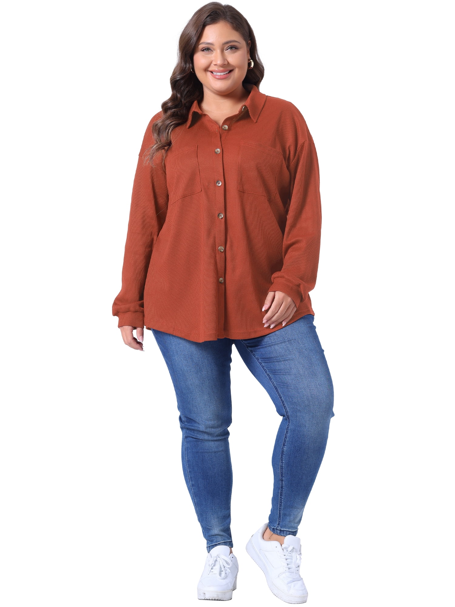 DARING DIVA Plus Size Waffle Knit Shirt Long Sleeve Button Down Jacket 2X Orange