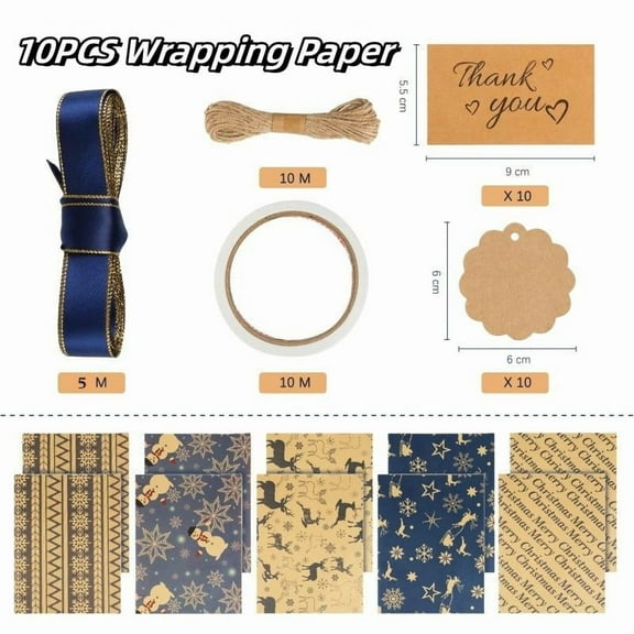 10 Pack Christmas Wrapping Paper Set, Vintage Holiday Gift Wrapping Paper with Gift Tags Stickers & Rope, Thick Recyclable Blue Kraft Gift Wrap for Xmas, Hanukkah, New Year