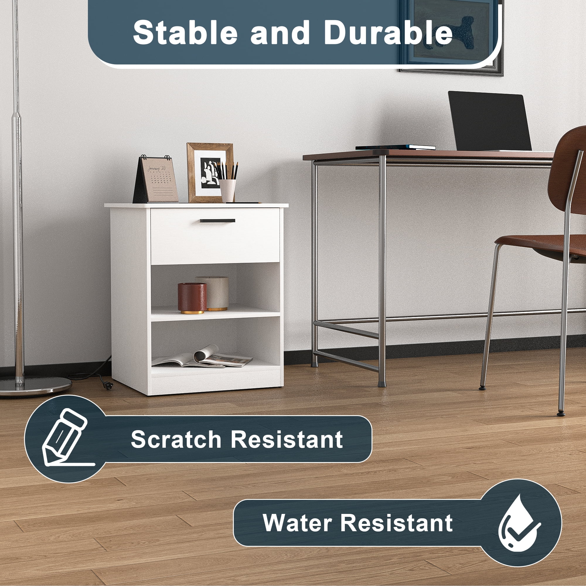 Demi Bonn 18.9" Side Table with Fast Charging Station USB C Cable Fast Charging, Wood End Table Nightstand with Drawer and Shelf for Living Room, White