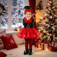 thumbnail image 4 of REDARER Girls Christmas Elf 4PCS Set Holiday Cosplay Outfit with Elf Hat Velvet Tulle Skirt Striped Tights and Elf Boots,11-12 Years, 4 of 4