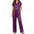 thumbnail image 4 of Silk Pajamas for Women 2 Piece Satin Pjs Cap Short Sleeve Sleepwear V Neck Shirt Long Pant Lounge Sets Purple XL(XL), 4 of 5