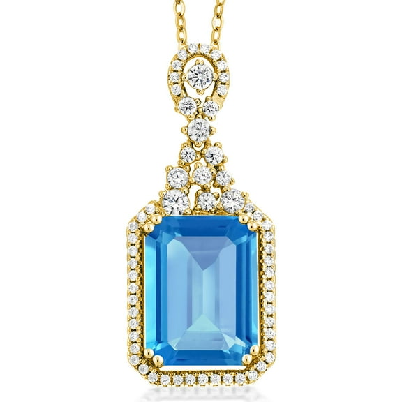 Gem Stone King 9.85 Ct Emerald Cut Swiss Blue Topaz 18K Yellow Gold Plated Silver Pendant