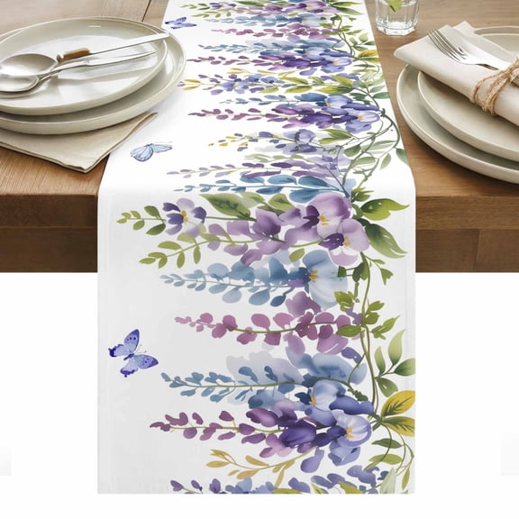 Purple Spring Floral Table Runner - 70 Inch Long, Kitchen Dining Table Runner Dresser Scarves, Weeping Watercolor Botanical Butterfly Farmhouse Decor for Coffee Tables Wedding Party Banquet