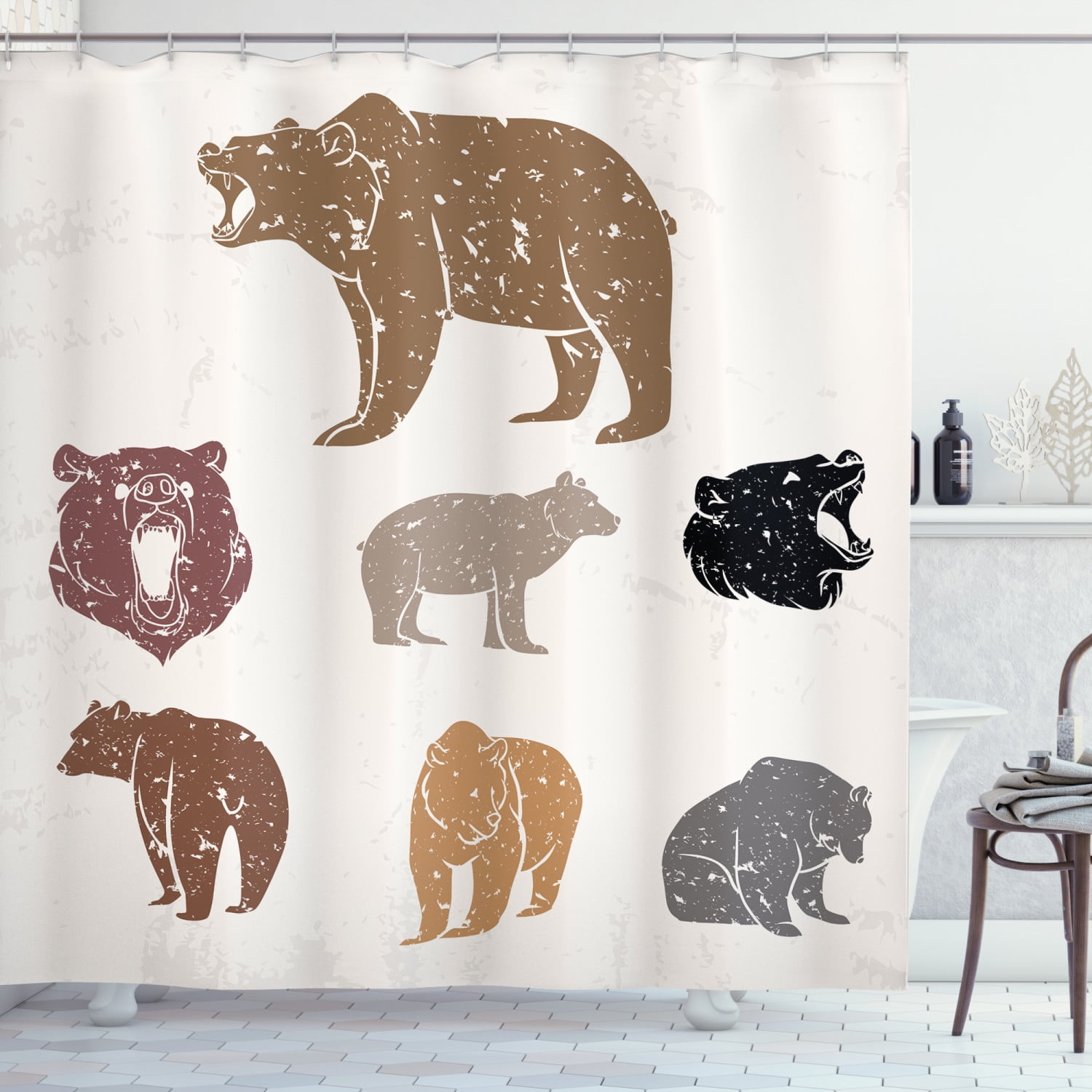 Bear Shower Curtain, Set of Different Bears with Grunge Design Growling