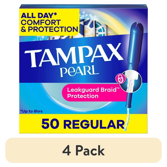 (4 pack) Tampax Pearl Tampons with LeakGuard Braid, Regular Absorbency, 50 Count