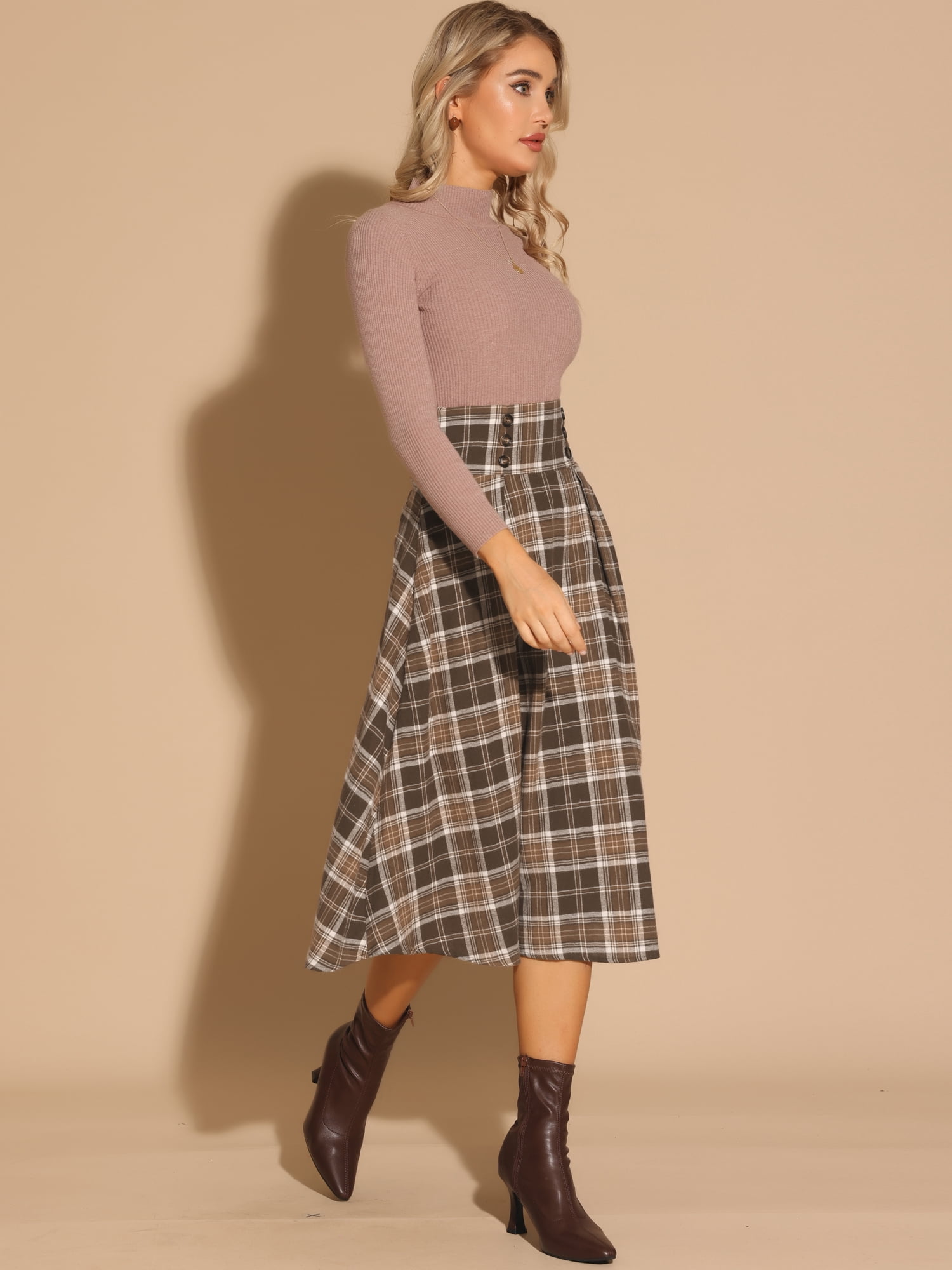 DARING DIVA Women's High Elastic Waist Fall Winter A-Line Midi Skirt L Brown