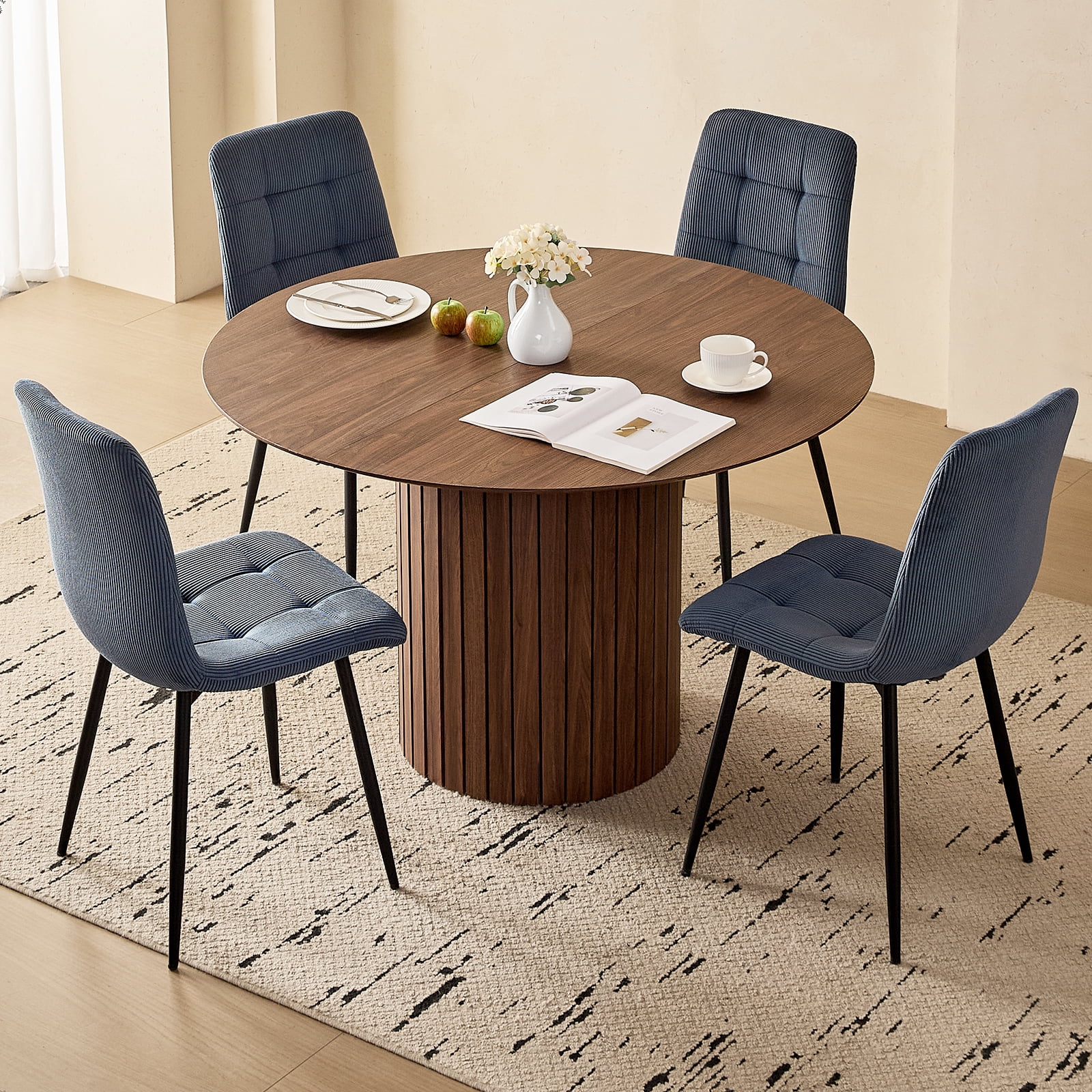 47" Round Dining Table Set of 4 Brown, Blue Corduroy Dining Chair Set of 4