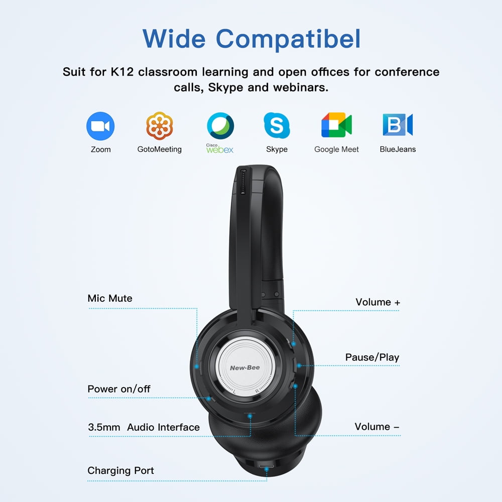 New bee Wireless Bluetooth 5.0 Headset with Noise Cancelling Mic (DSP+ENC), 270° Rotating Boom Mic HD Voice, 25H Playback/20H Talk, Mute Button, for Online Learning/Meetings/Skype