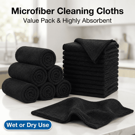 TAVENE 12 Pack Black Microfiber Cleaning Cloths 11.5"×11.5", Lint‑Free Premium Towels for Car, Kitchen, Window, Workshop Household Cleaning Supplies