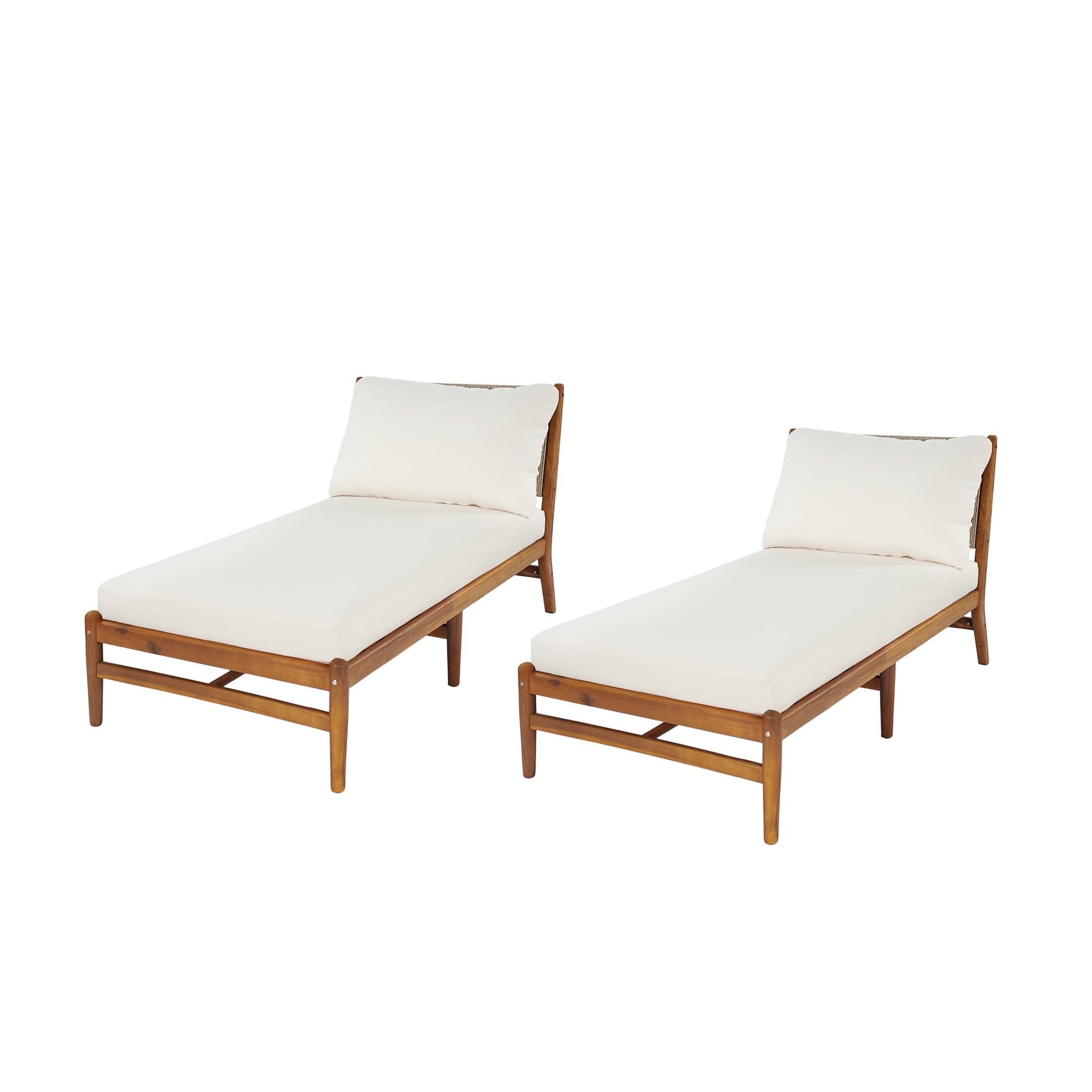 Christopher Knight Home Set of 2 Outdoor Chaise Lounges, Acacia Wood with Woven Rope, Cream Cushions, Teak