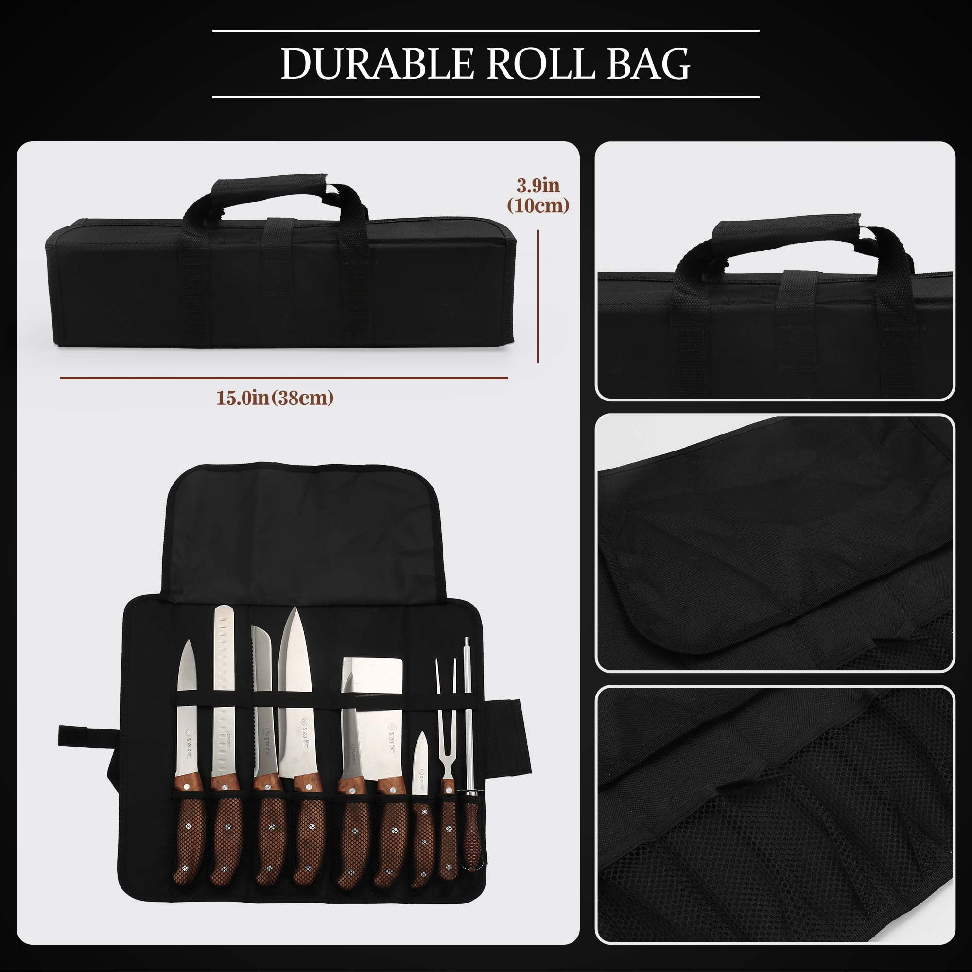 Blusmart 9-Piece Kitchen Knife Set with Portable Roll Bag, High-Performance Stainless Steel Professional Chef Knife Set, Ergonomic Knife Collection for Home, Camping and BBQ, Brown