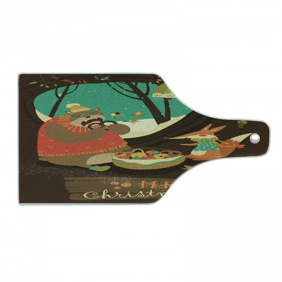 Forest Friends Cutting Board, Cartoon of Bear and Fox Celebrating Christmas in Cozy Tree Hollow Home, Decorative Tempered Glass Cutting and Serving Board, in 3 Sizes, by Ambesonne