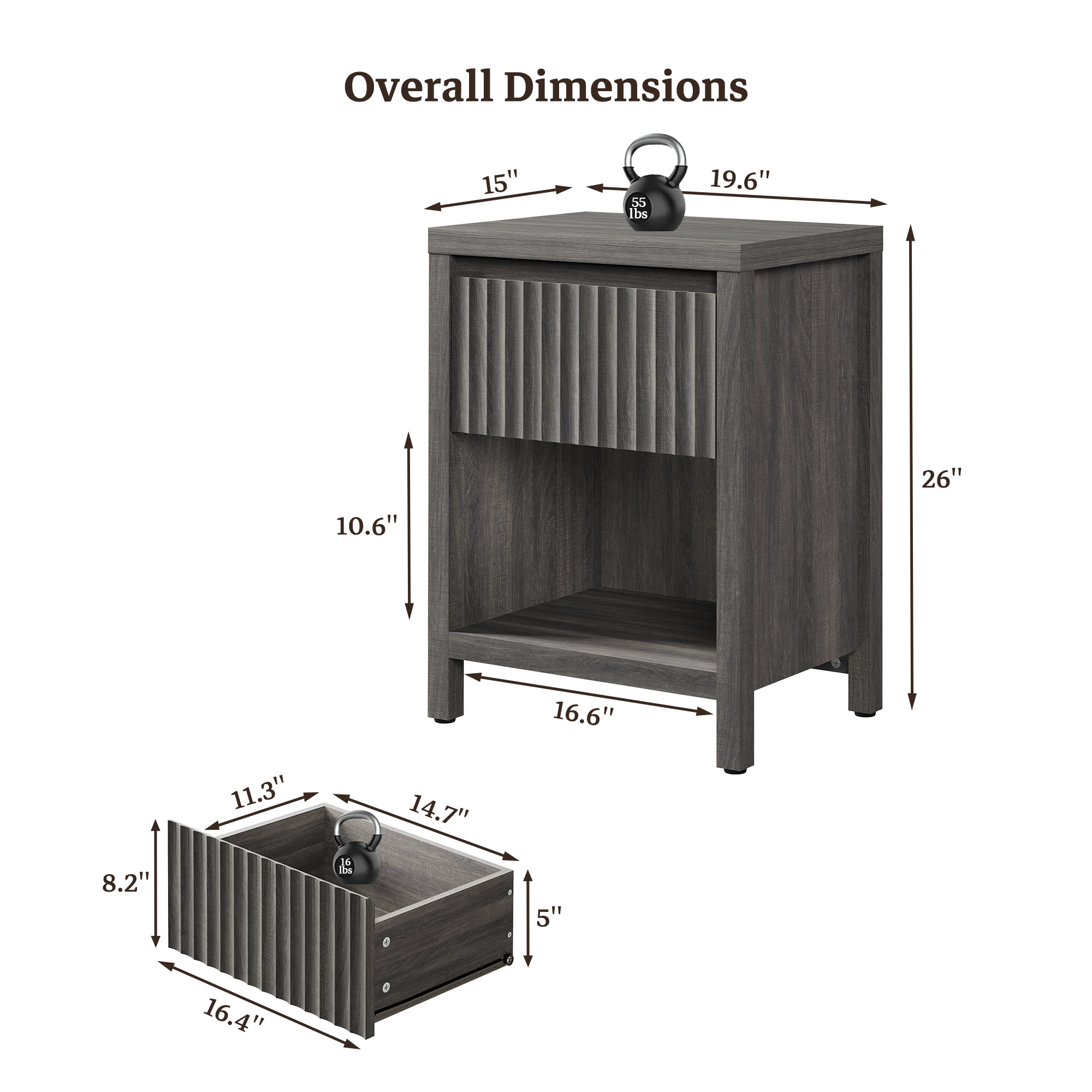 SICOTAS 26" Tall Farmhouse Nightstand Set of 2 with Drawer, Modern Beside Table with Minimalist Fluted Design & Handle-Less Storage Engineered Wood Bed Side Table for Bedroom, Black Oak