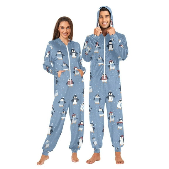 Adult Christmas Onesie Little Penguin Zipper One-Piece Pajamas Unisex with Pockets