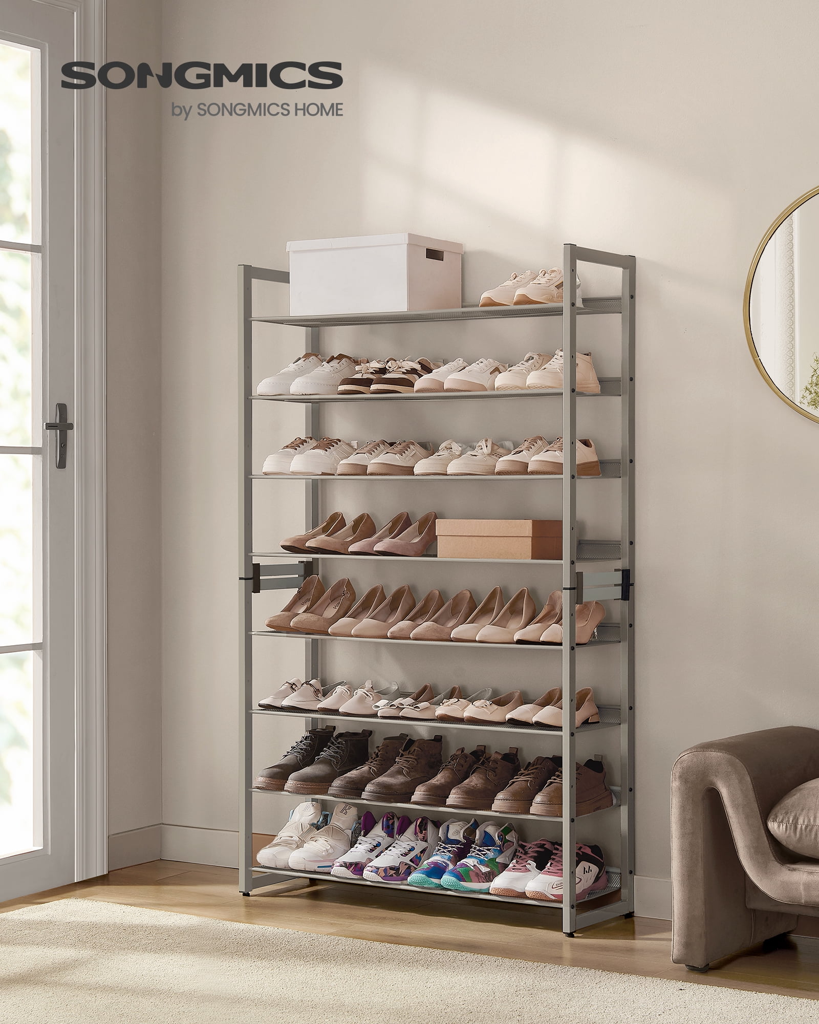 Set of 2 Metal Shoe Racks. 8 - Tier Shoe Organizers with 4 - Tier Stackable Shelves, Adjustable Flat or Angled. Holds 32 - 40 Pairs