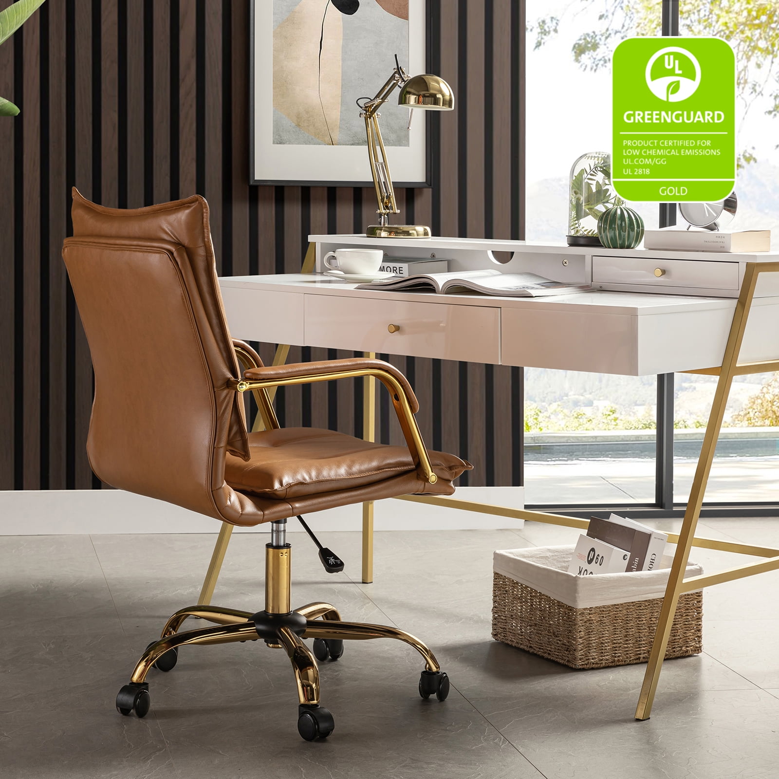 Tina's Home Luxury Faux Leather Office Chair with Golden Accents, Adjustable Swivel Ergonomic Desk Chair for Executive Comfort and Style Camel